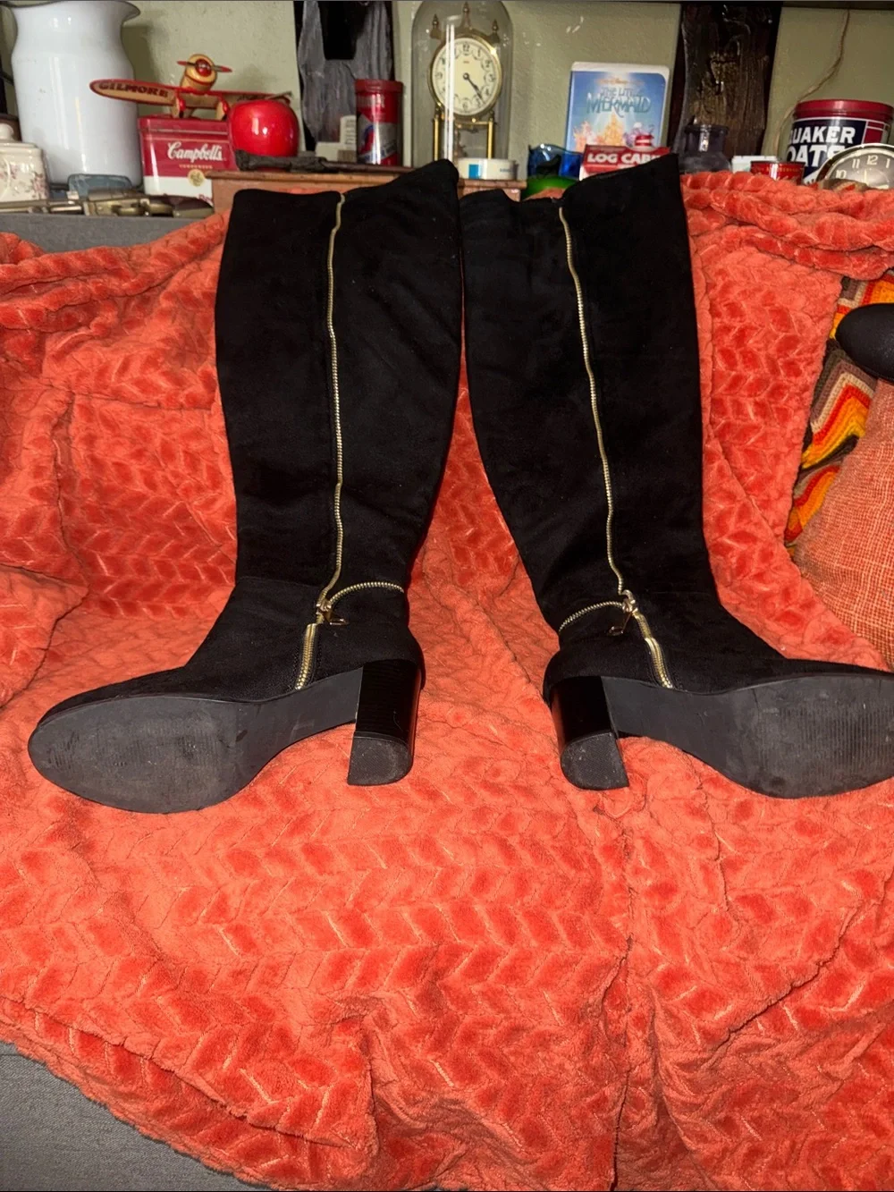 Forever Black Suede Over-The-Knee Boots | Gold Zipper Accent & Block Heel (Size